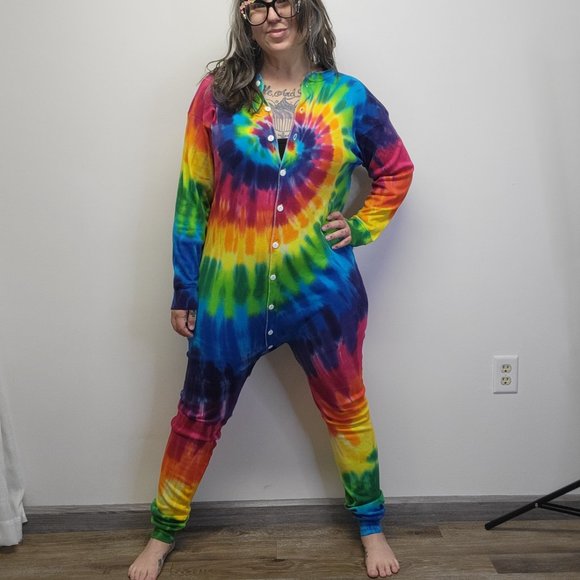 Vtg 90s SUNDOG Psychedelic Rainbow Swirl Tie Dye Union Suit Unisex XL - EUC - Picture 2 of 12